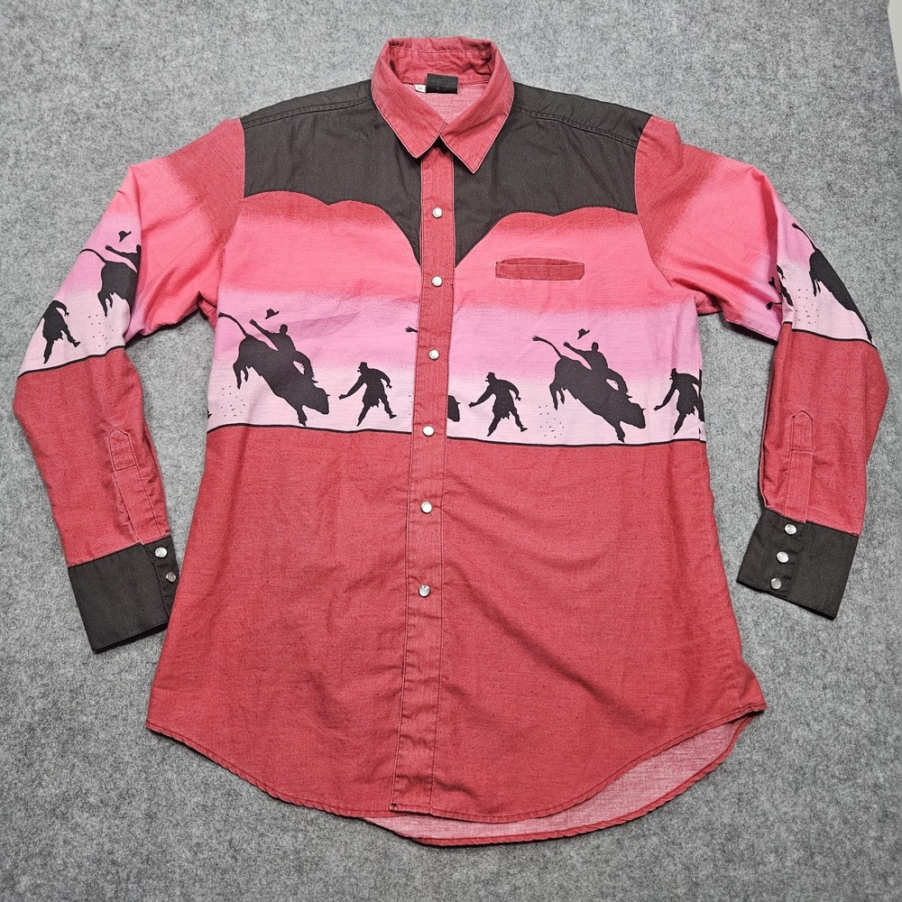 Vtg Pearl Snap Western Shirt Mens Medium Silhouette Bull Rider And Clown Cowboy